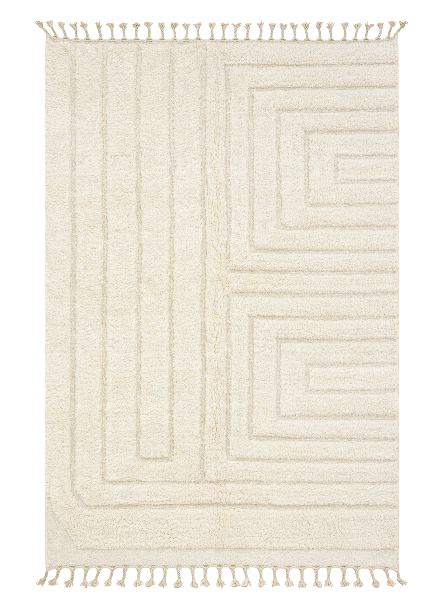 White Maze Beni Ourain rug, ivory wool with raised geometric labyrinth texture