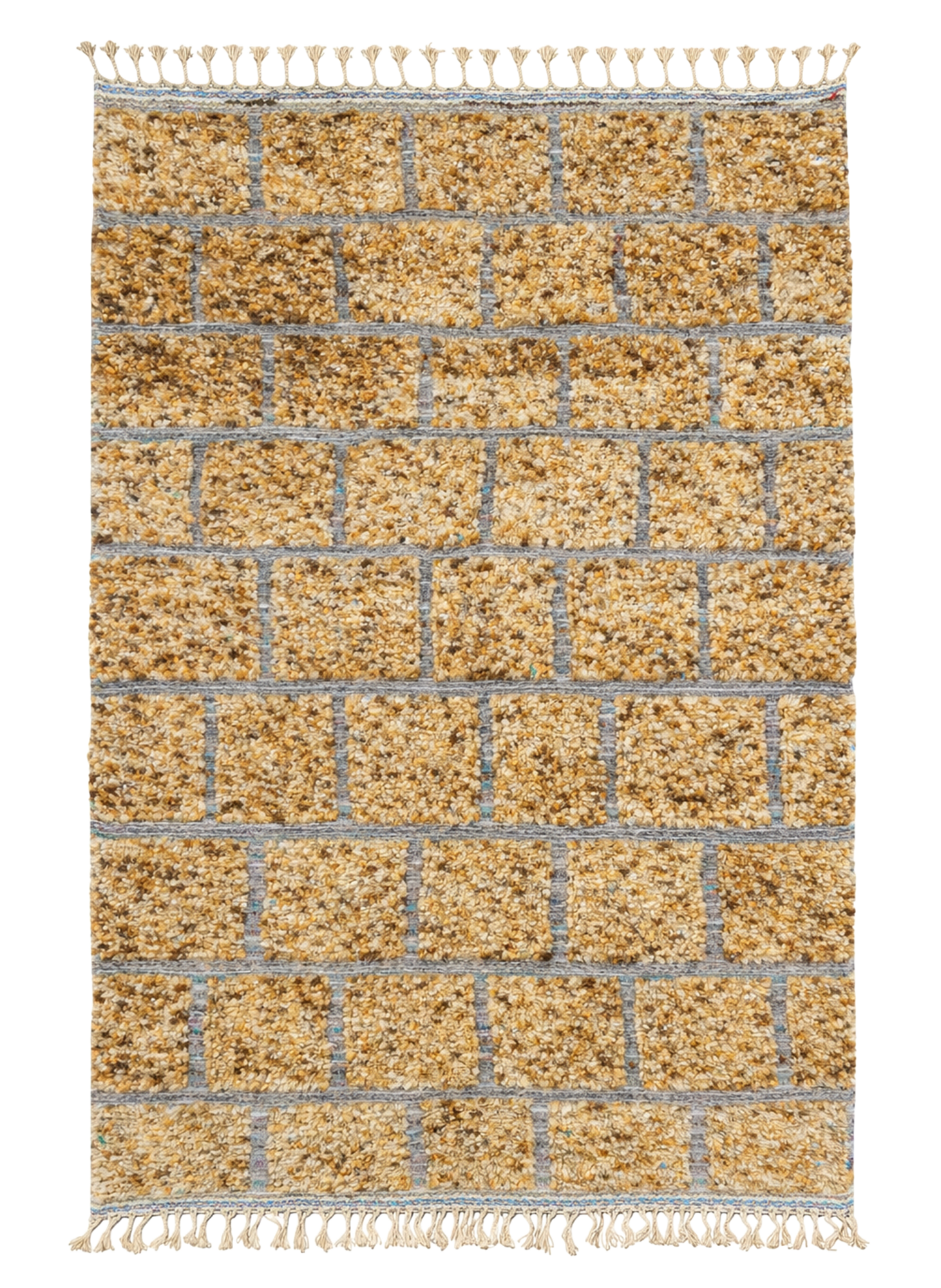Sand Grid Beni Ourain rug, golden sand blocks with blue-grey grid lines