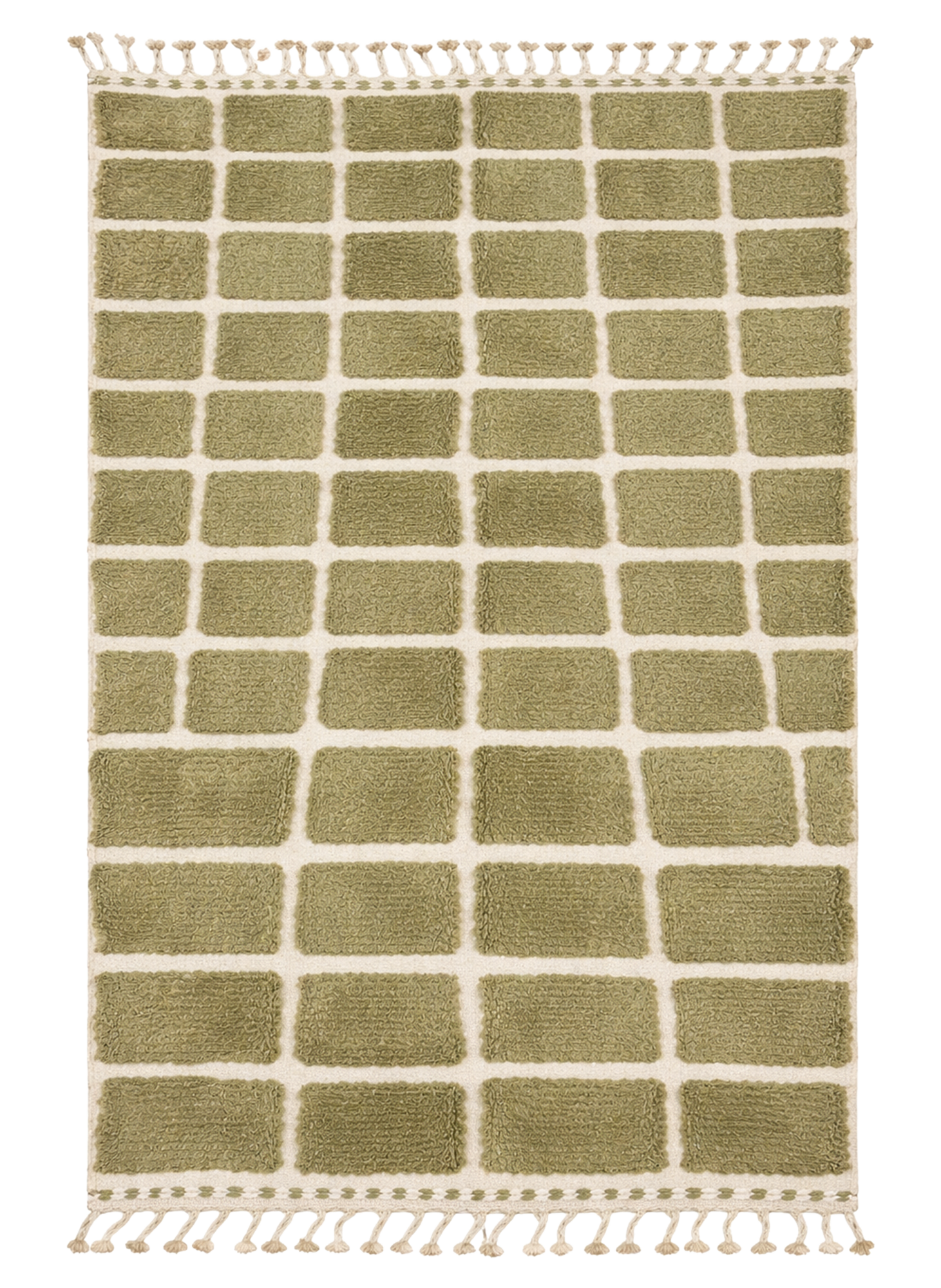 Khaki Tile Beni Ourain rug, olive khaki blocks on cream wool grid