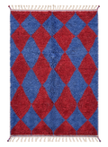 Red Blue Grid Beni Ourain rug, crimson and cobalt blue harlequin diamond pattern