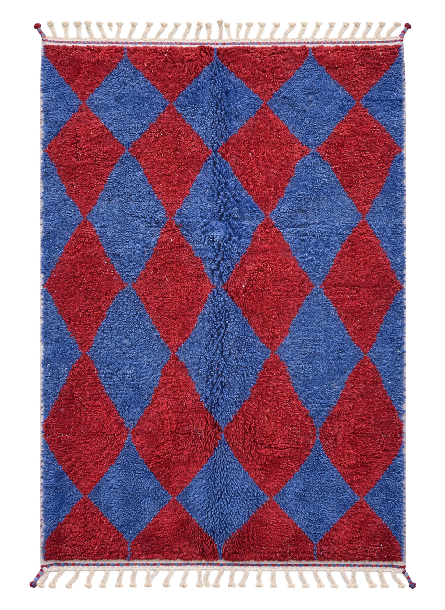 Red Blue Grid Beni Ourain rug, crimson and cobalt blue harlequin diamond pattern