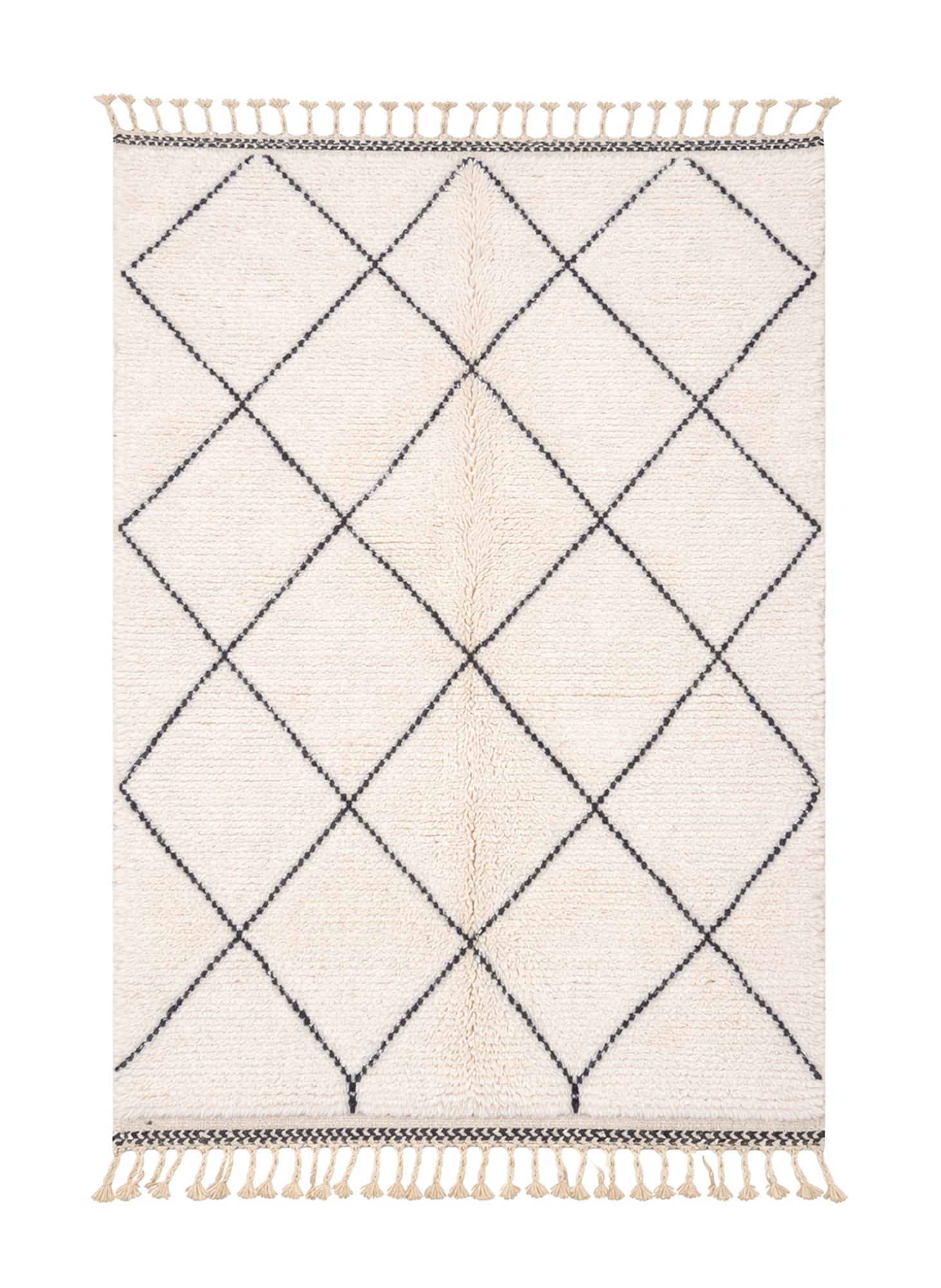 Charcoal Grid, Beni Ourain rug with dense charcoal diamond grid on ivory wool