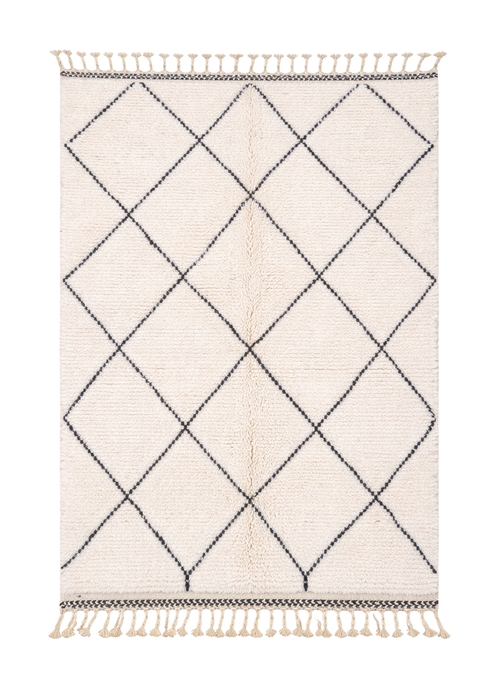 Charcoal Grid, Beni Ourain rug with dense charcoal diamond grid on ivory wool