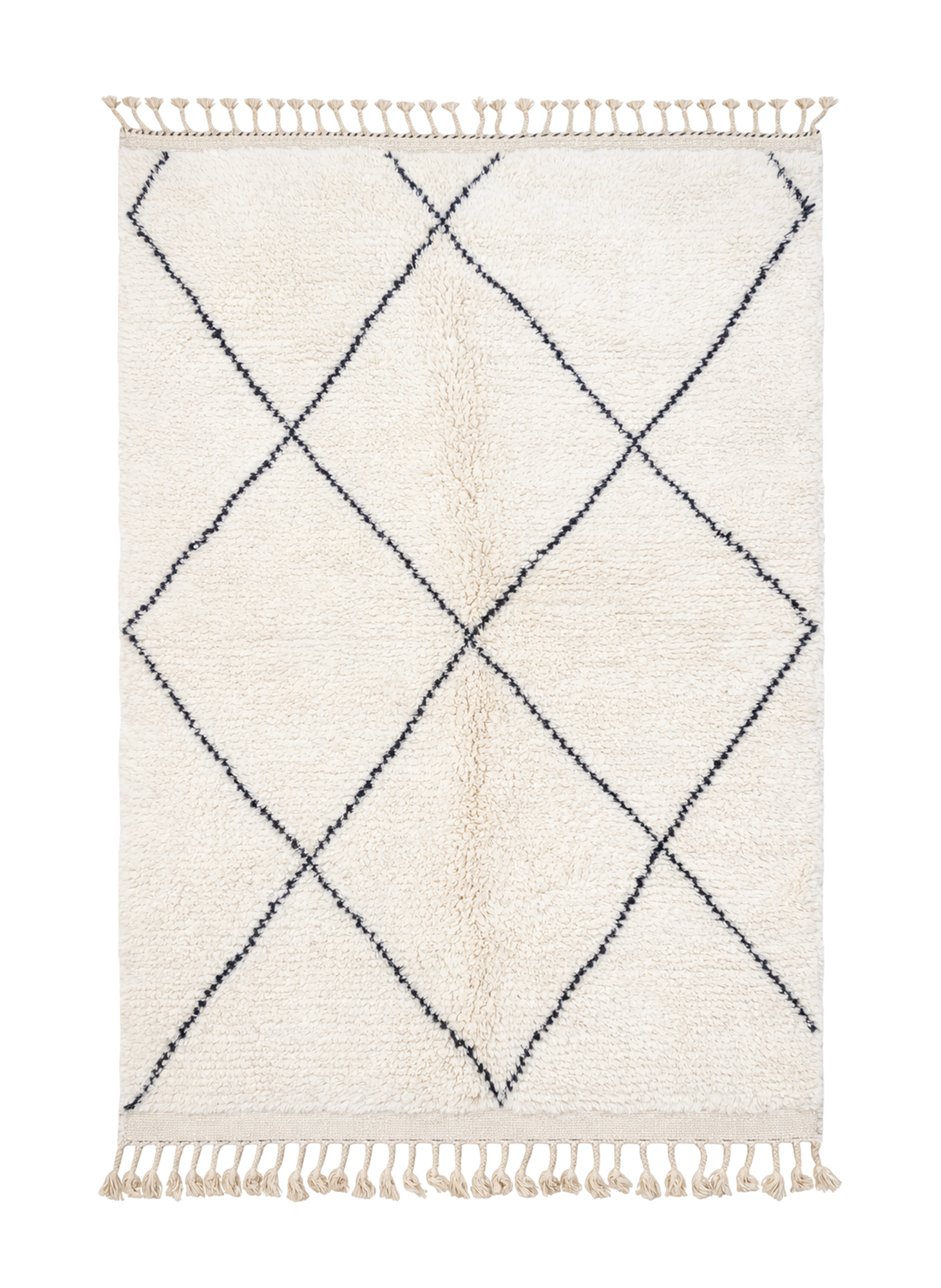 Ink Line, Beni Ourain rug with wide charcoal diamond lattice on ivory wool