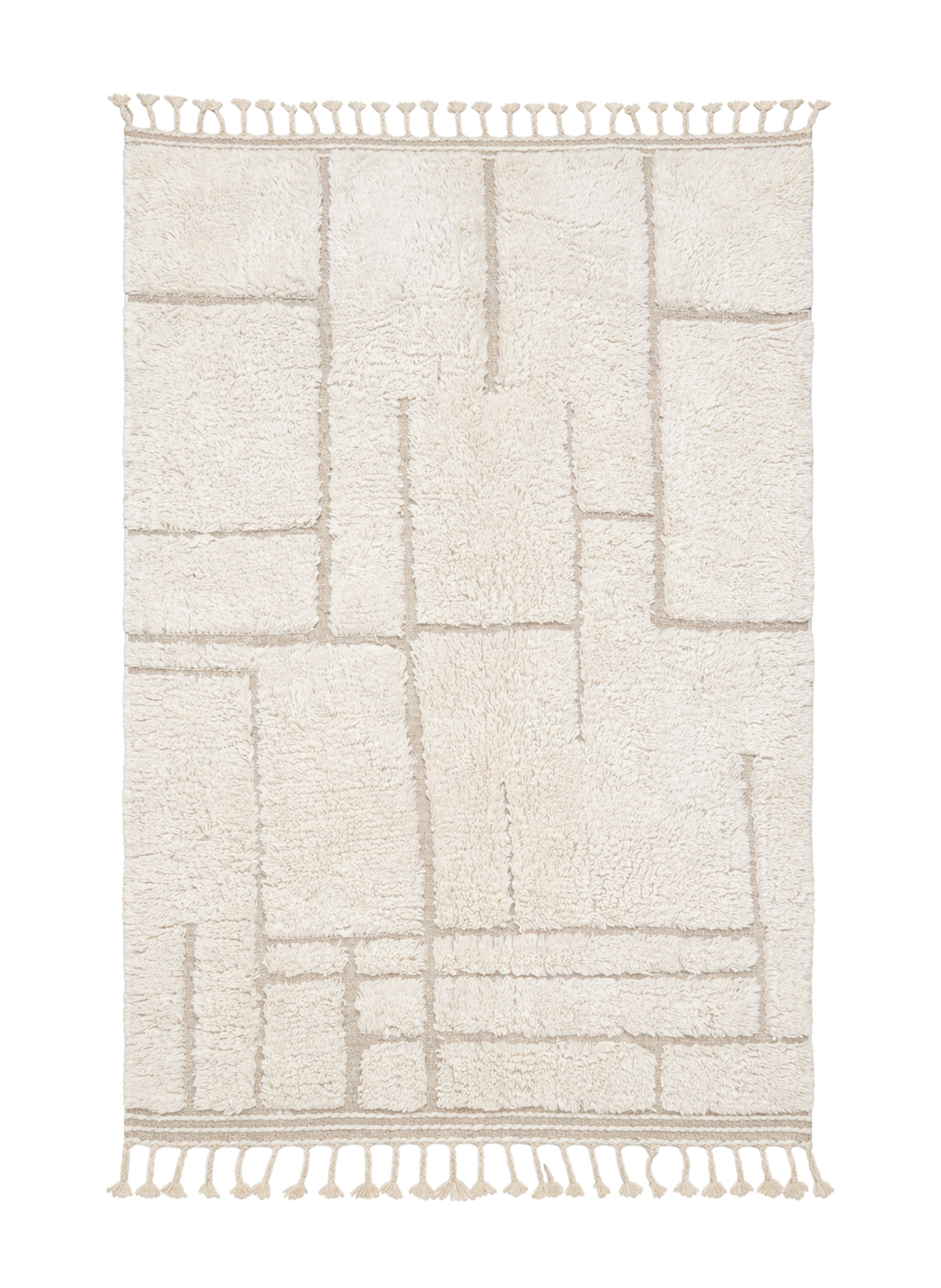 Cream Block, Beni Ourain rug with irregular carved rectangular forms in cream wool