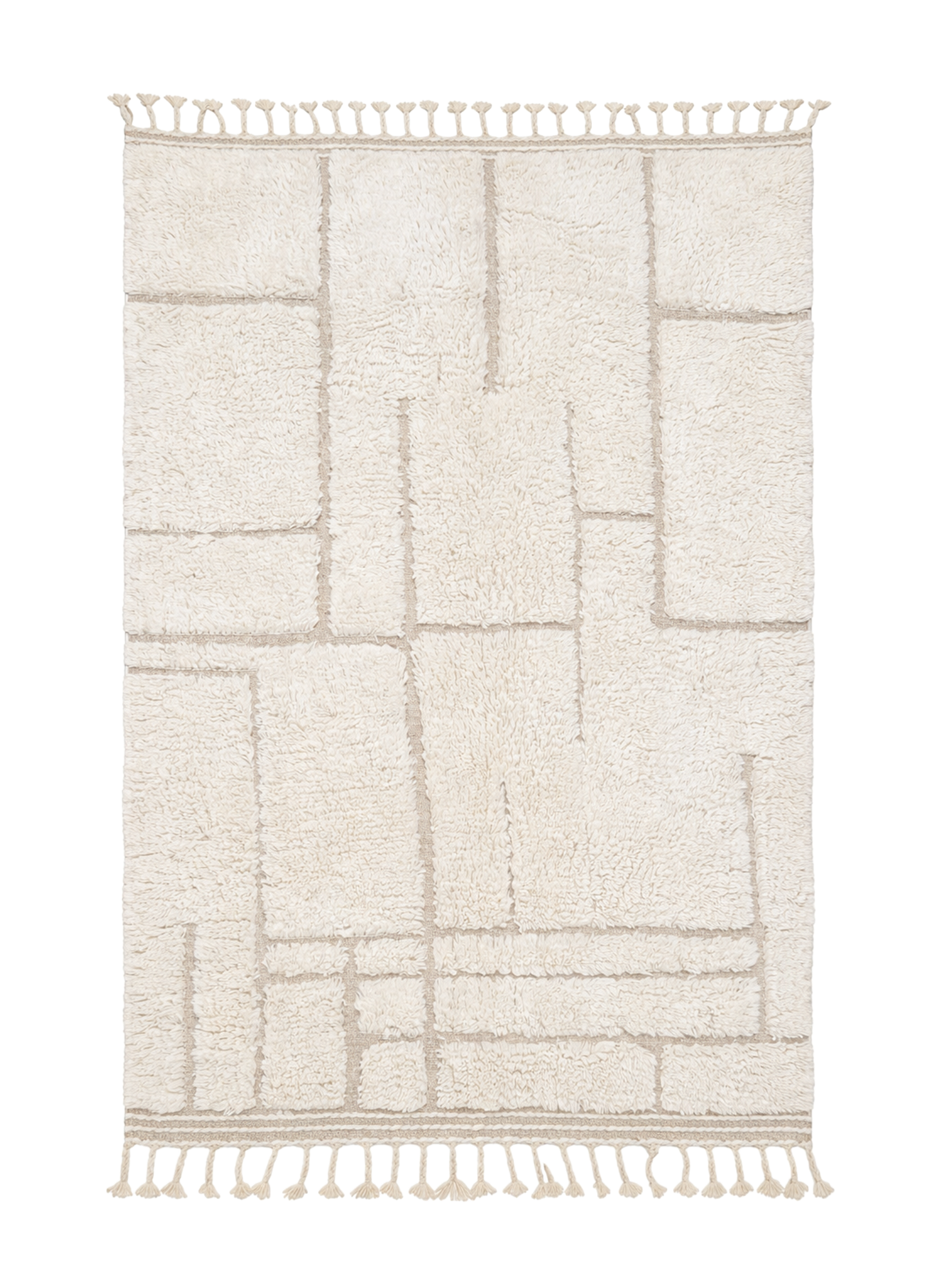 Cream Block, Beni Ourain rug with irregular carved rectangular forms in cream wool