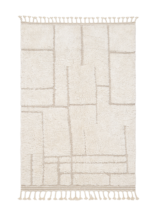 Cream Block, Beni Ourain rug with irregular carved rectangular forms in cream wool