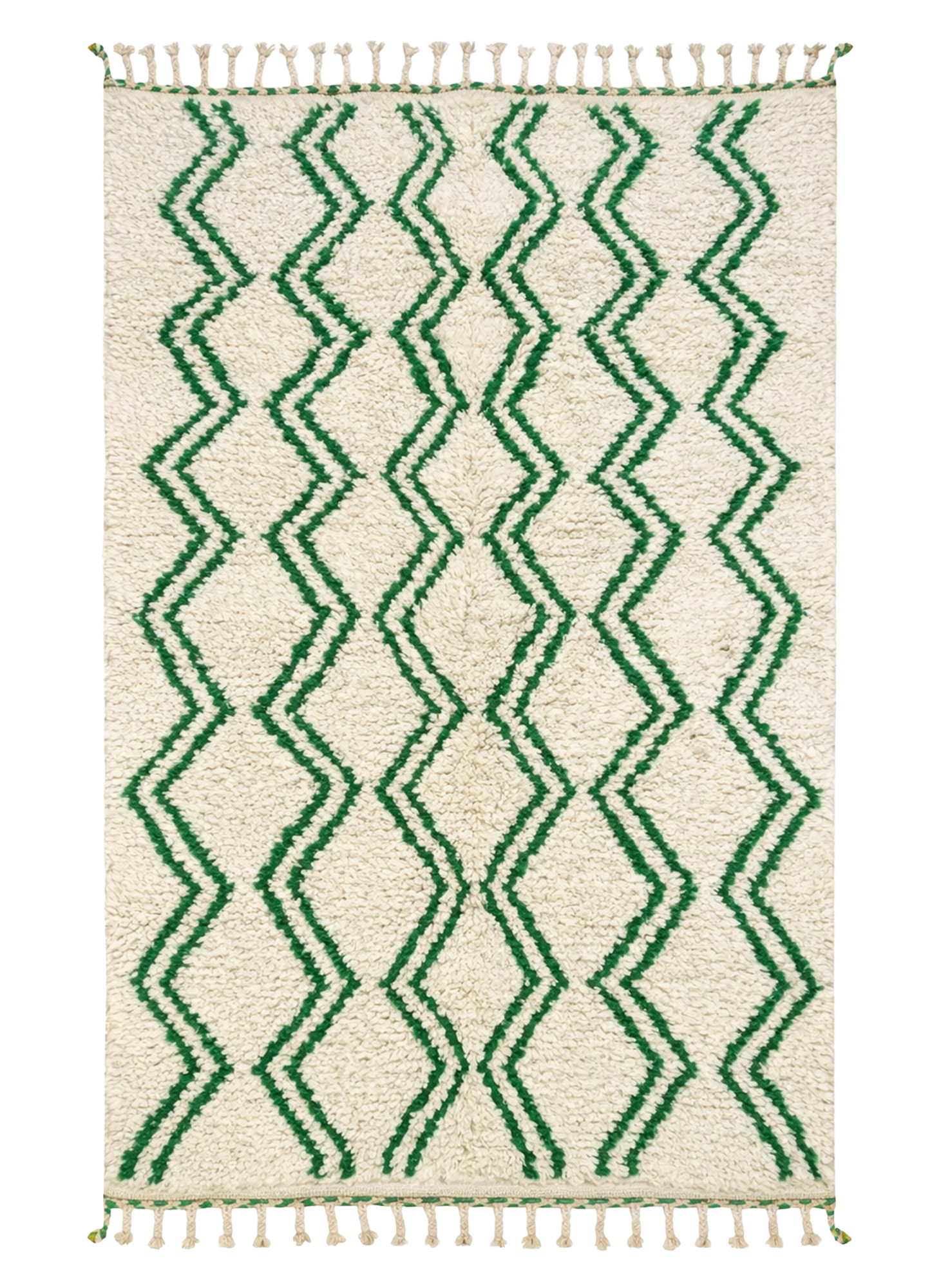 Green Chevron Beni Ourain rug, emerald green zigzag stripes on cream ground