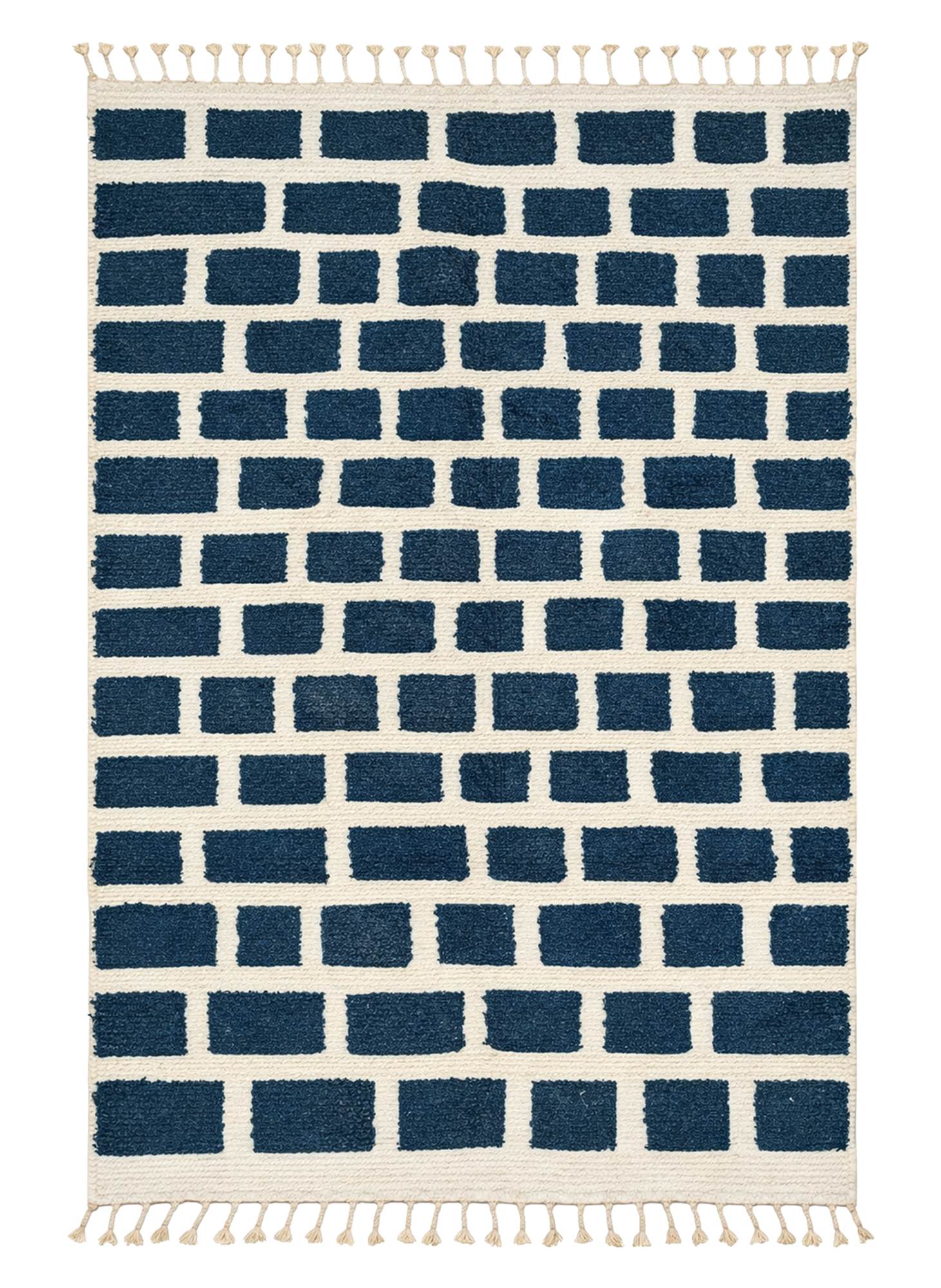 Blue Tile Beni Ourain rug, deep navy brick-laid blocks on cream ground