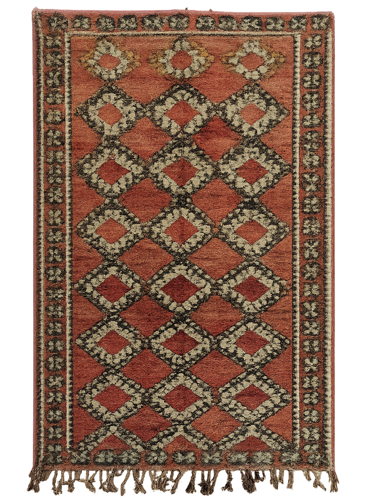 Desert Field - Vintage Shiraz rug with diamond lattice pattern in earthy orange-red and dark brown