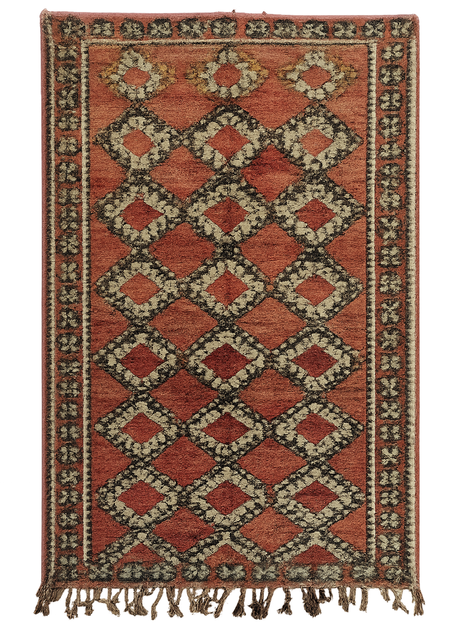 Desert Field - Vintage Shiraz rug with diamond lattice pattern in earthy orange-red and dark brown