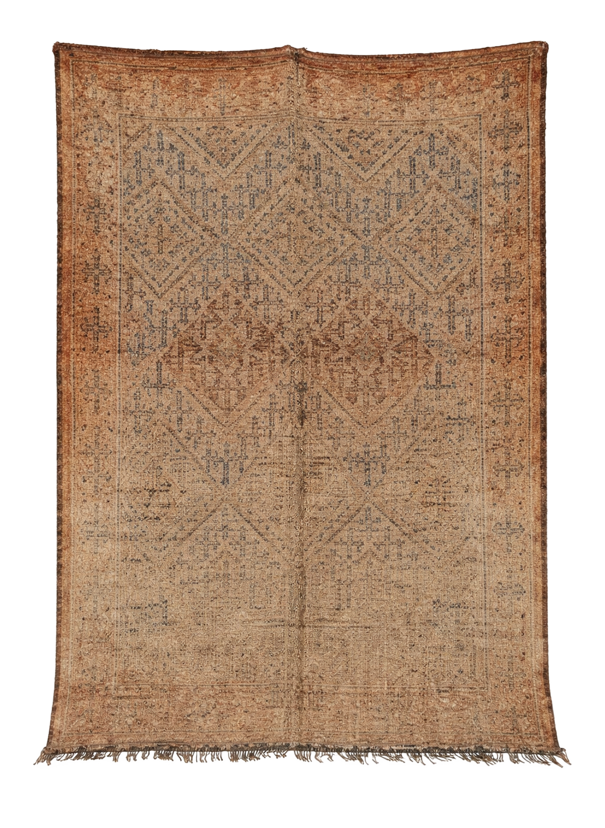 Desert Grid - Vintage Beni M'Guild rug with layered geometric diamond patterns in sandy tones and blue-grey