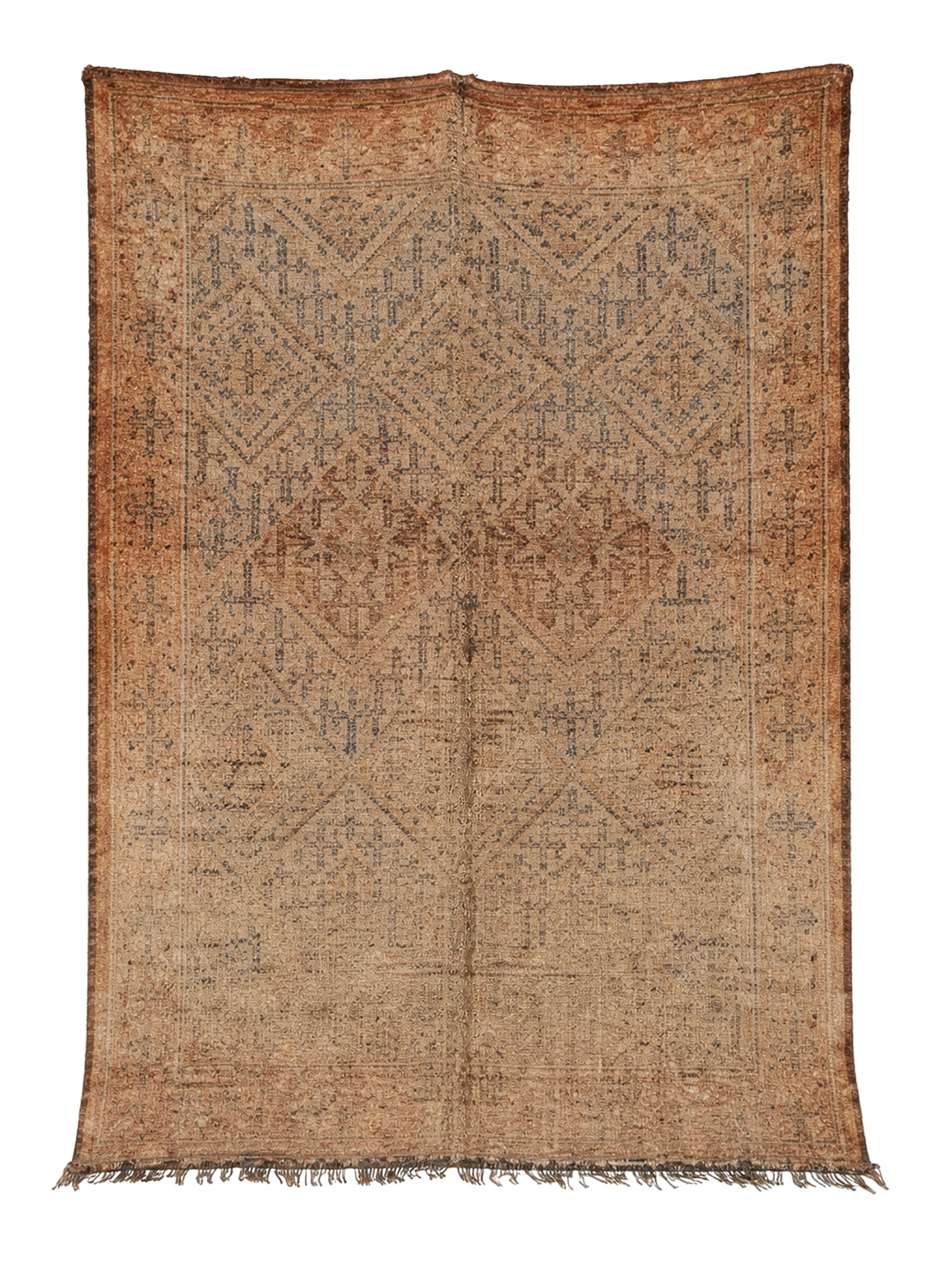 Desert Grid - Vintage Beni M'Guild rug with layered geometric diamond patterns in sandy tones and blue-grey