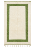 Green Square Beni Ourain rug, olive green rectangular border on cream wool with tassels