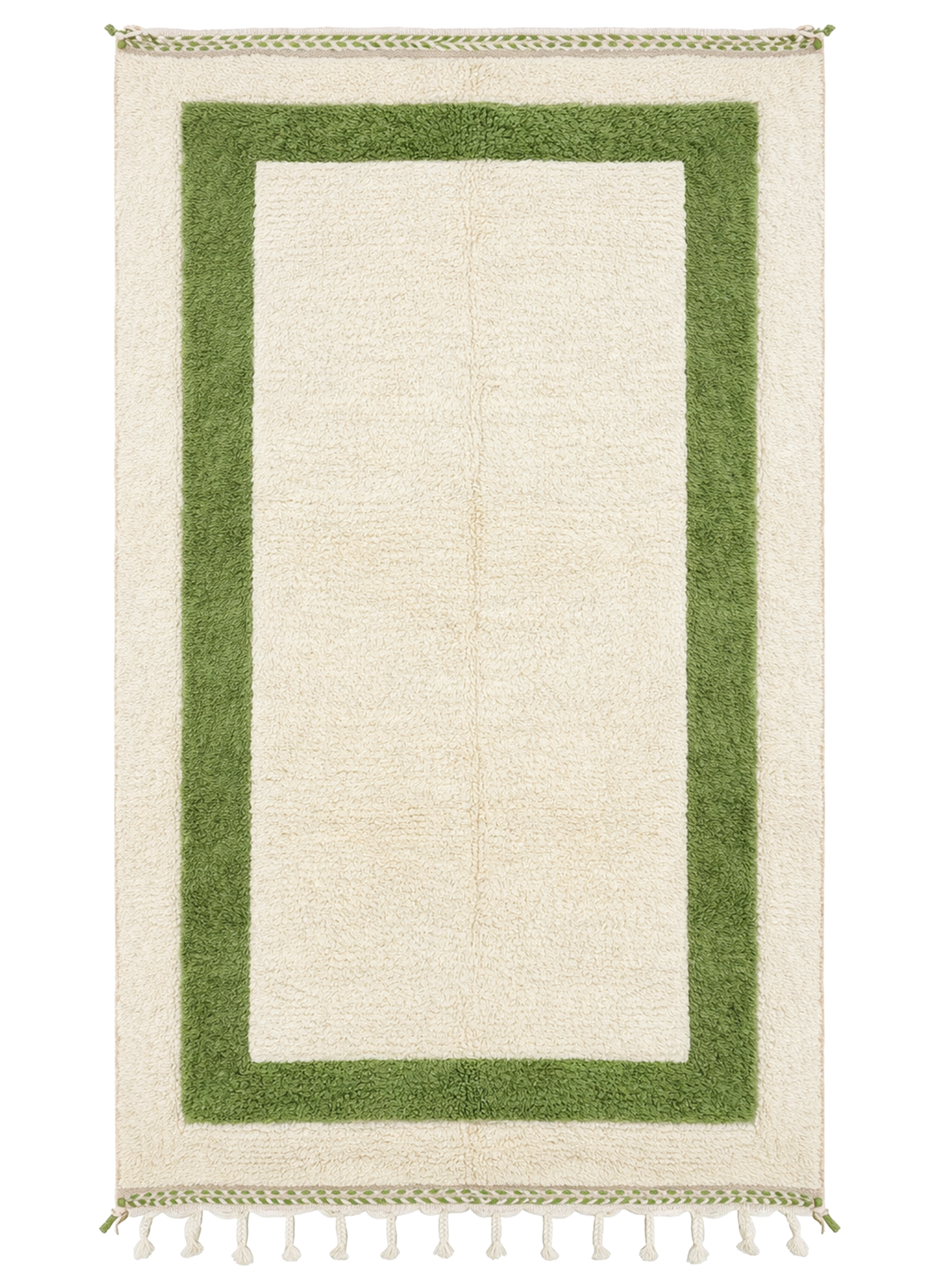 Green Square Beni Ourain rug, olive green rectangular border on cream wool with tassels